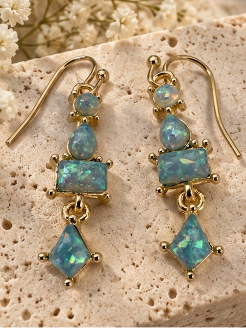 Aqua Blue Opalescent Geometric Dangle Earrings in Gold Tone